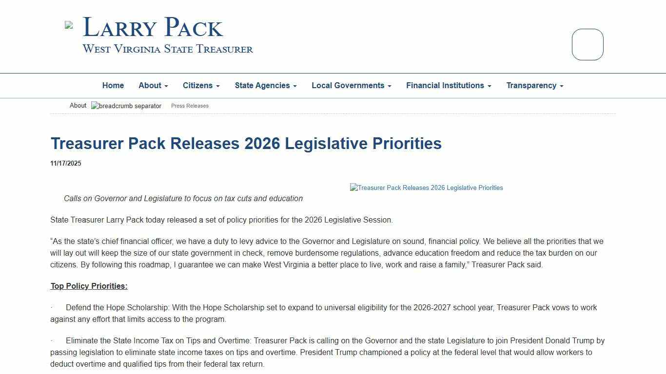 11/17/2025 - Treasurer Pack Releases 2026 Legislative PrioritiesPress Releases